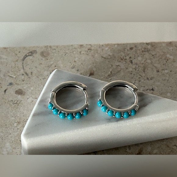 Turquoise Studded Sterling Silver Huggie Earrings - Picture 11 of 15